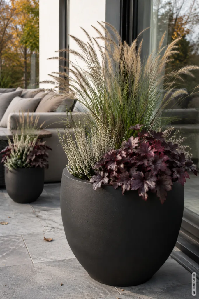 Herbstdeko für moderne Terrassen mit großem Pflanzkübel, Gräsern, Heide und Purpurglöckchen im sanften Tageslicht.