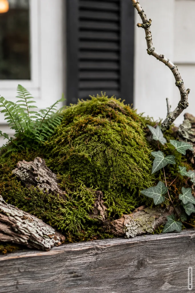Herbstdeko für den Blumenkasten mit Moos, Rinde, Farn und Zweigen in natürlicher Waldoptik.