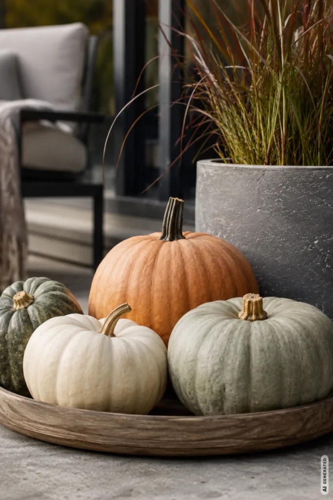 Herbstdeko für moderne Terrassen mit gruppierten Kürbissen, Holzschale und großem Pflanzkübel.