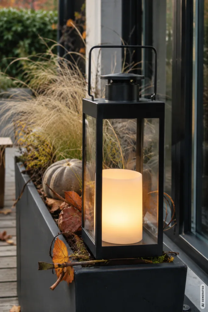 Herbstdeko für den Blumenkasten mit Laterne, Ziergras, Kürbis und warmem Licht am Fenster.