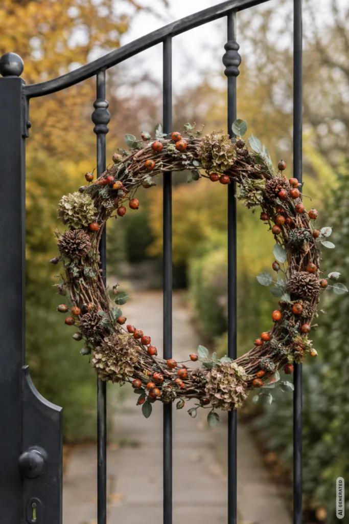 Schmaler Herbstkranz aus Weide, Hagebutten und Zapfen als Herbstdeko fürs Gartentor.