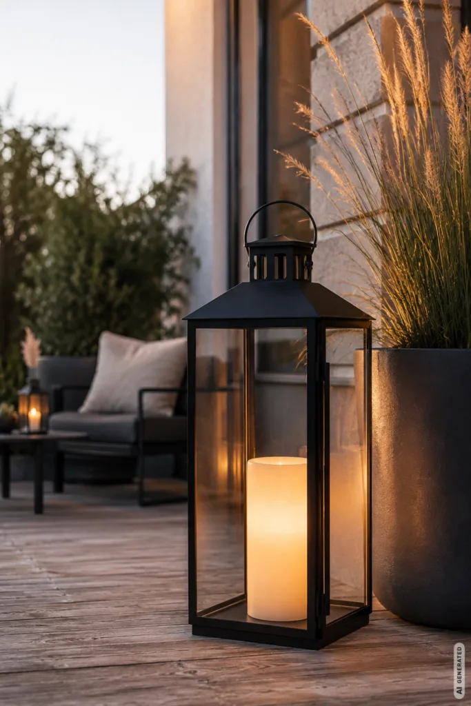 Herbstdeko für moderne Terrassen mit großer Laterne, warmem Licht und Ziergras auf stilvoller Terrasse.