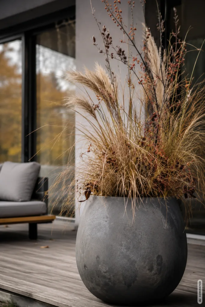 Herbstdeko für moderne Terrassen mit hohem Pflanzgefäß, Gräsern und Zweigen im ruhigen, modernen Außenbereich.