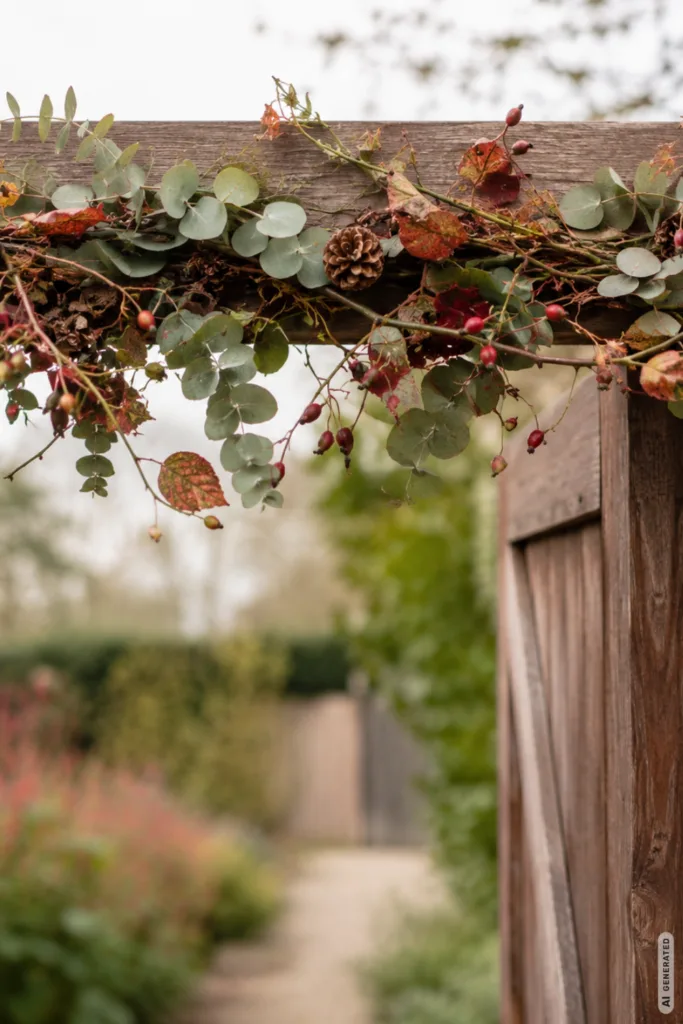 Herbstdeko fürs Gartentor mit lockerer Girlande aus Eukalyptus, Hagebutten und Zapfen an einem Holztor.