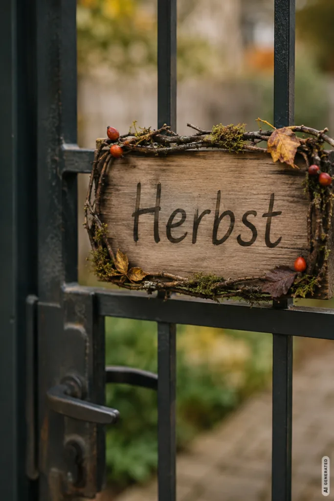 Herbstdeko fürs Gartentor mit rustikalem Holzschild, Zweigen, Moos und Hagebutten am dunklen Metalltor.