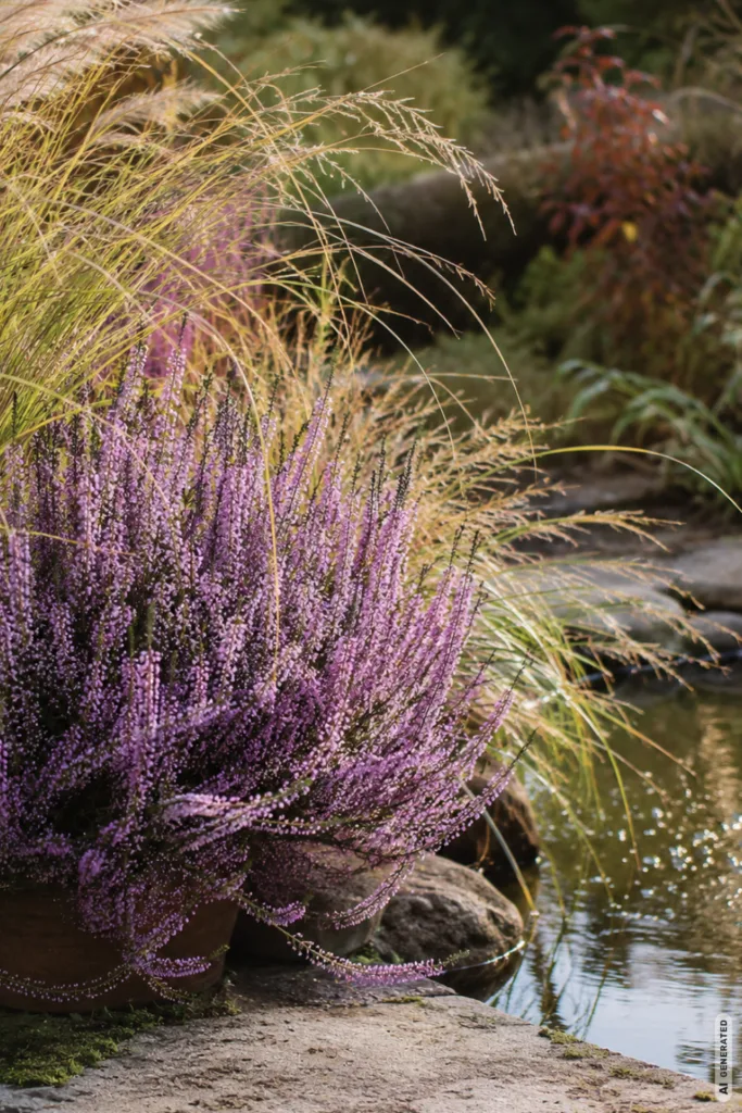 Herbstdeko für den Teich mit violetter Heide, Ziergräsern und natürlichem Teichrand im Herbst.