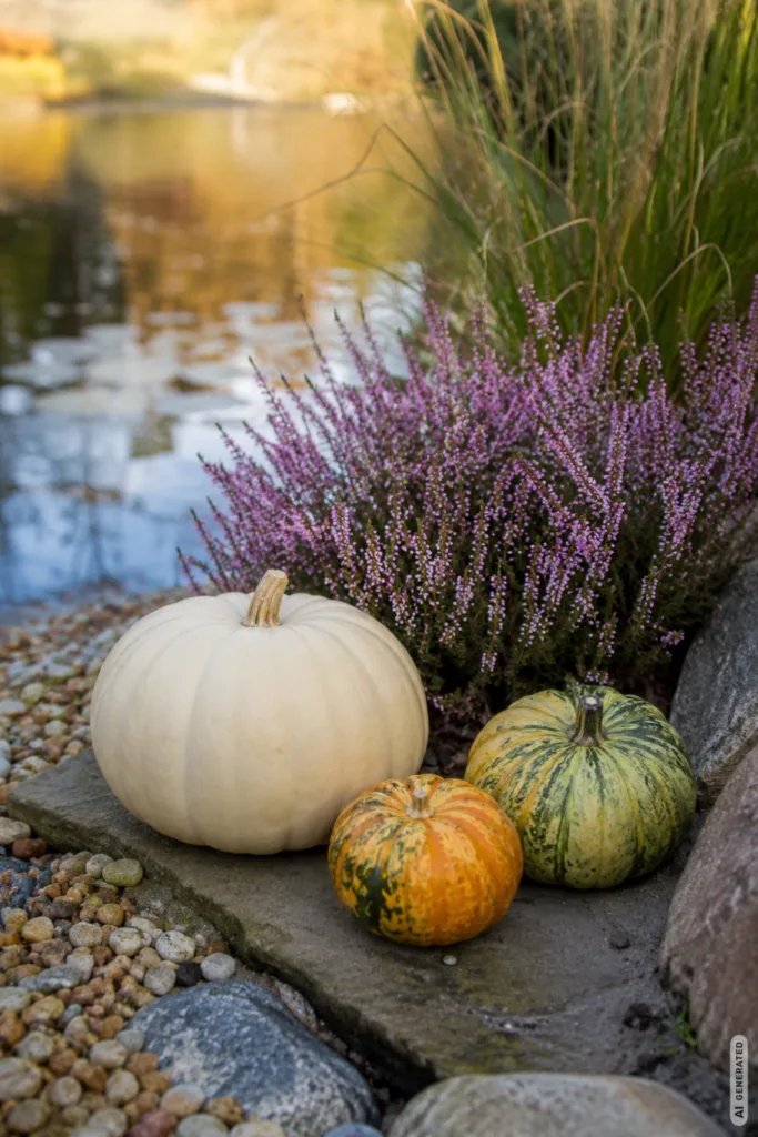 Herbstdeko für den Teich mit Kürbissen, Heide, Steinen und Gräsern am herbstlichen Teichrand.
