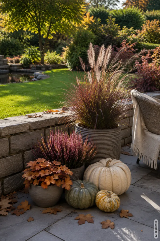 Herbstdeko für einen Terrassengarten mit Kürbissen, Gräsern und Kübelpflanzen an einer Natursteinmauer.