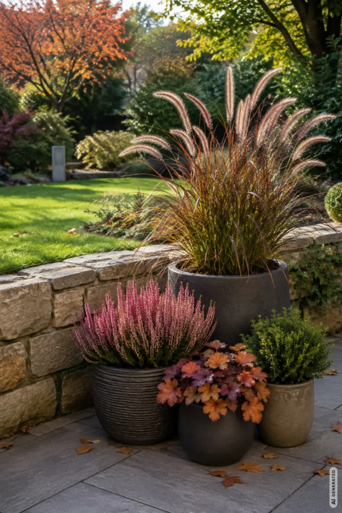 Herbstdeko für einen Terrassengarten mit Gräsern, Heide und herbstlich bepflanzten Kübeln.