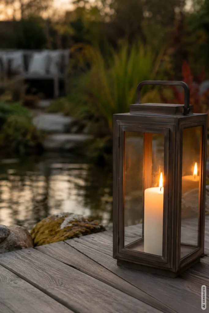 Herbstdeko für den Teich mit Laterne, Kerzenlicht und natürlicher Gartengestaltung am Wasser.
