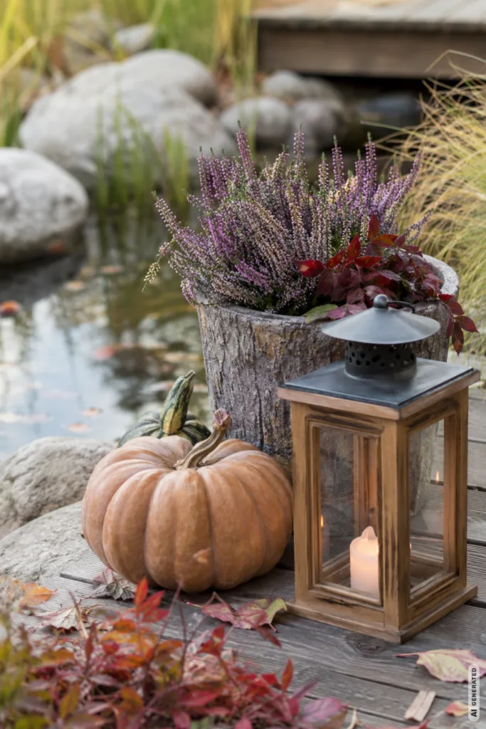 Herbstdeko für den Teich mit Kürbis, Heide und Laterne auf einem Holzsteg.