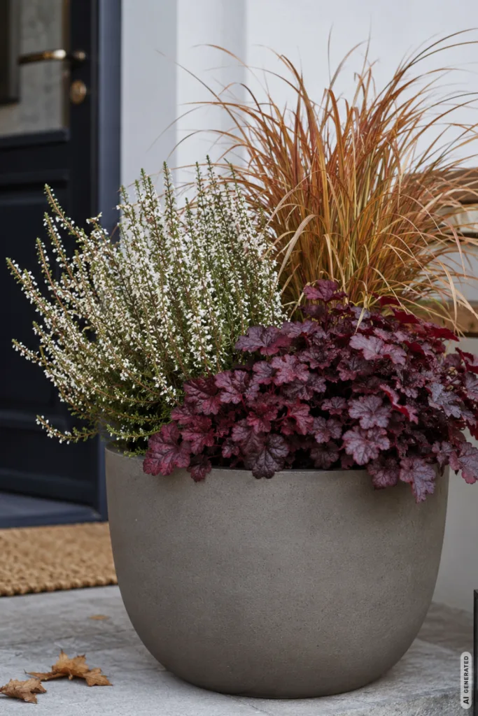 Herbstdeko für Pflanzkübel: 5 schöne Ideen für Hauseingang und Terrasse Herbstdeko für Pflanzkübel mit weißer Heide, Segge und Purpurglöckchen vor modernem Hauseingang.