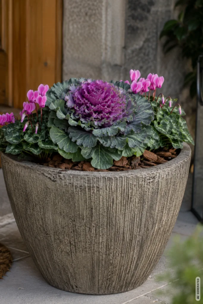 Herbstdeko für Pflanzkübel: 5 schöne Ideen für Hauseingang und Terrasse Herbstdeko für Pflanzkübel mit Zierkohl und pinken Alpenveilchen vor einem Hauseingang.