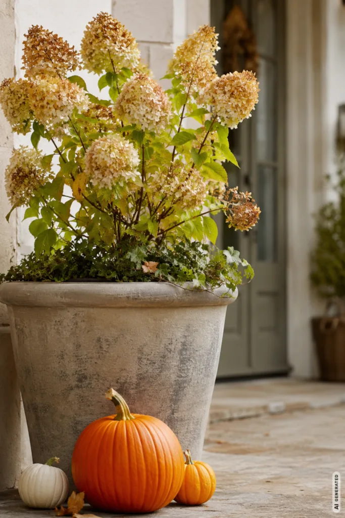 Herbstdeko für Pflanzkübel: 5 schöne Ideen für Hauseingang und Terrasse Herbstdeko für Pflanzkübel mit Hortensie und Kürbissen vor dem Hauseingang.