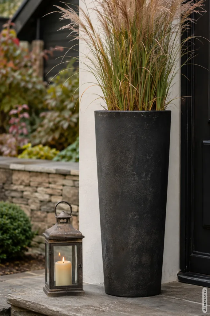 Herbstdeko für Pflanzkübel: 5 schöne Ideen für Hauseingang und Terrasse Herbstdeko für Pflanzkübel mit Ziergras und Laterne vor modernem Hauseingang.