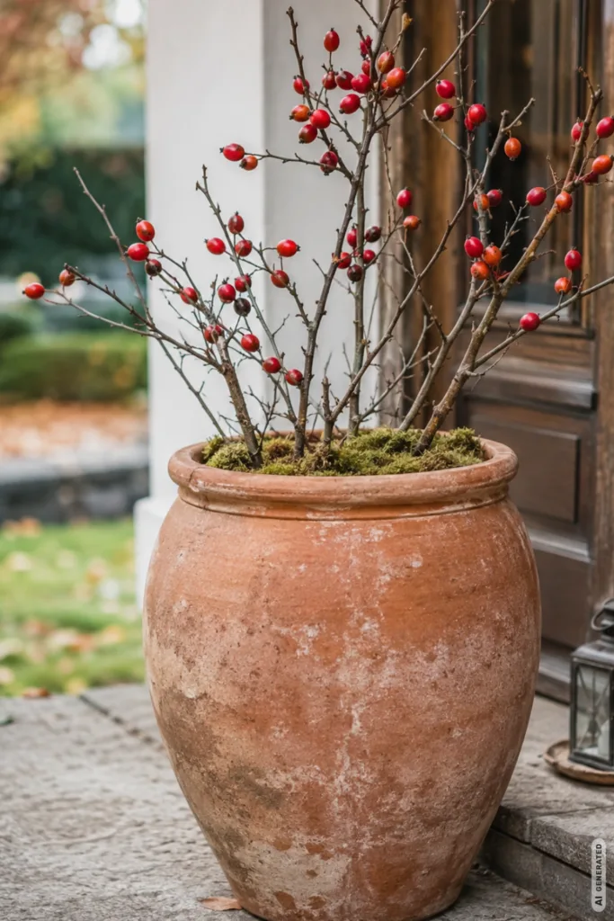 Herbstdeko für Pflanzkübel: 5 schöne Ideen für Hauseingang und Terrasse Herbstdeko für Pflanzkübel mit Zweigen, Hagebutten und Moos vor dem Hauseingang.