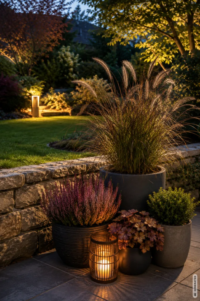 Herbstdeko im Terrassengarten mit warmem Licht, Gräsern und herbstlich bepflanzten Kübeln.