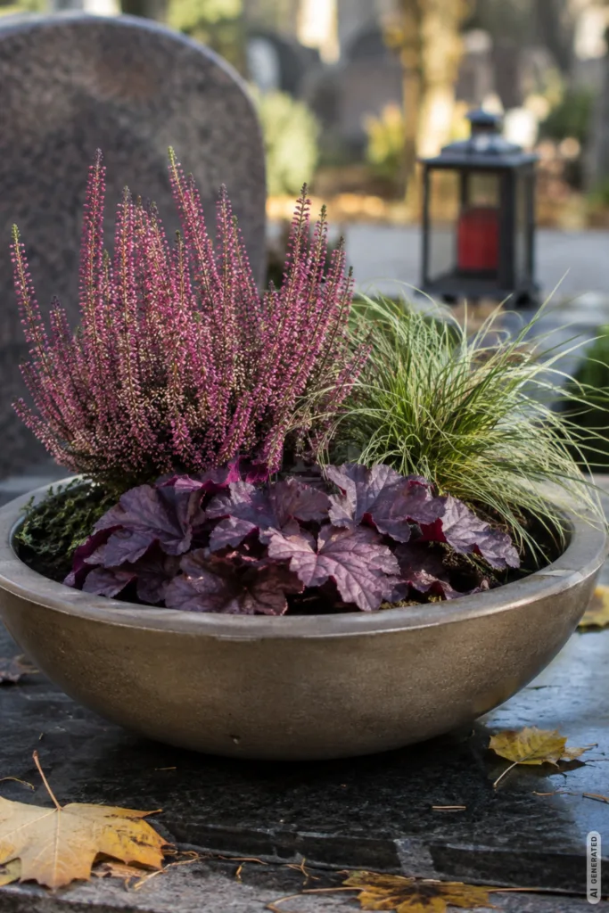 Herbstdeko für Grab mit bepflanzter Schale, Heide, Ziergras und Purpurglöckchen auf dem Friedhof im Herbst.