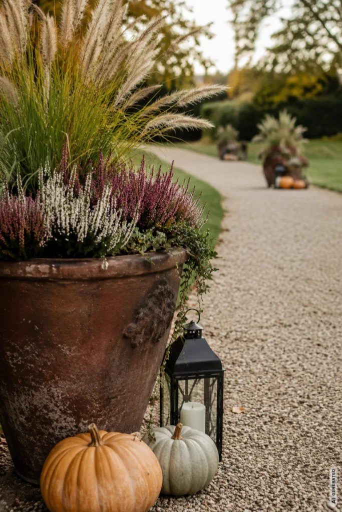 Mit diesen 5 Deko-Ideen wirkt dein großer Garten herbstlich, aber nicht überladen Herbstdeko für einen großen Garten mit Pflanzkübel, Kürbissen und wiederkehrenden Elementen am Kiesweg.