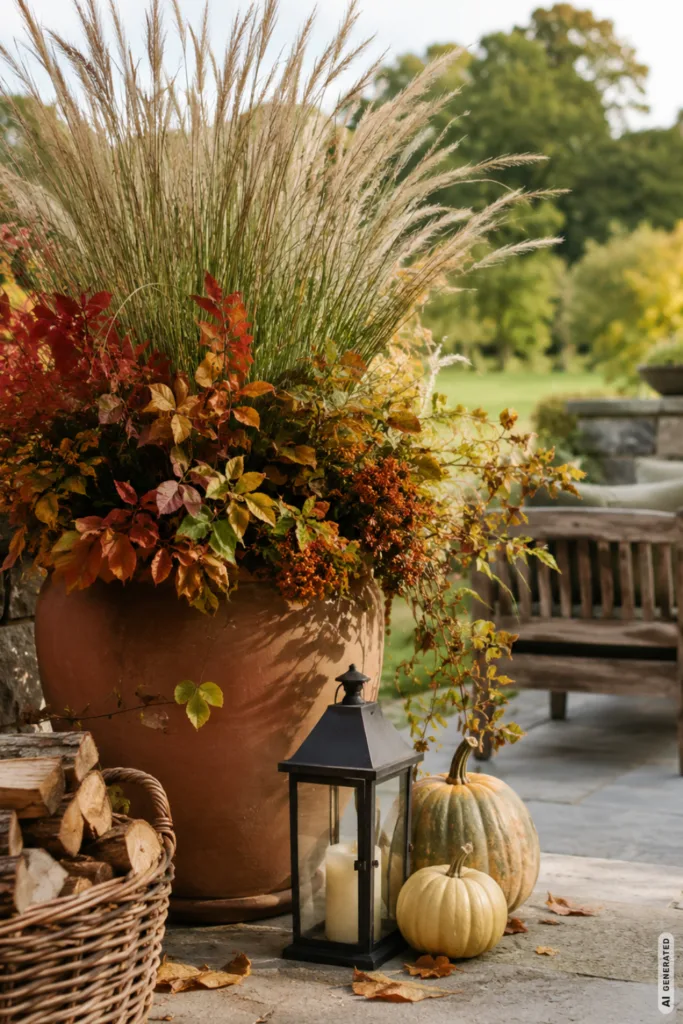 Mit diesen 5 Deko-Ideen wirkt dein großer Garten herbstlich, aber nicht überladen Herbstdeko für einen großen Garten mit Terrakottatopf, Ziergras, Kürbissen und Laterne am Sitzplatz.