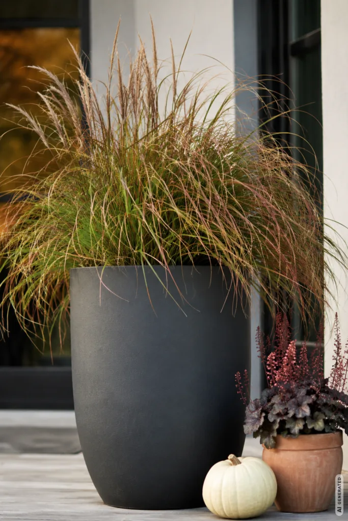 Moderne Herbstdeko für den Garten mit großem Pflanzkübel, Ziergras, Heuchera und hellem Kürbis am Eingang.