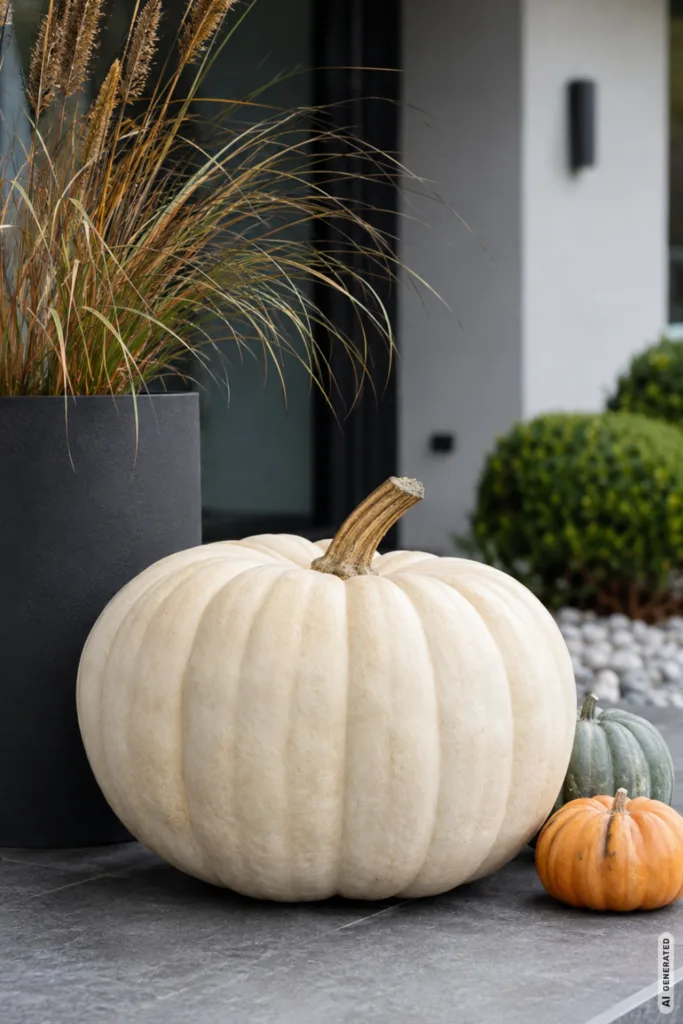 Moderne Herbstdeko für den Garten mit großem cremefarbenen Kürbis, Ziergras im Kübel und zwei kleinen Kürbissen.