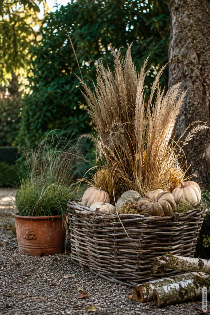 Mit diesen 5 Deko-Ideen wirkt dein großer Garten herbstlich, aber nicht überladen Herbstdeko für einen großen Garten mit Kürbissen, Gräsern und Holz unter Bäumen am Gehölzrand.