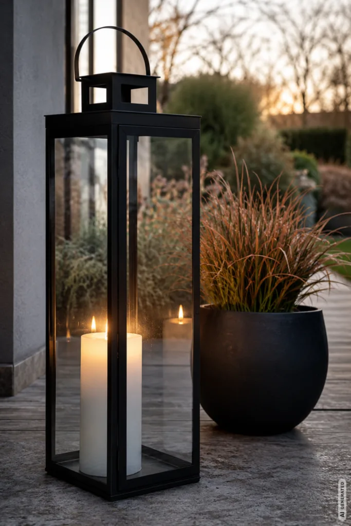 Moderne Herbstdeko im Garten mit schwarzer Laterne, Kerze und Ziergras auf der Terrasse am Abend.