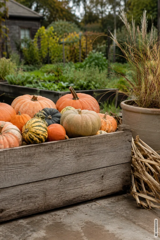 Mit diesen 5 Deko-Ideen wirkt dein großer Garten herbstlich, aber nicht überladen Herbstdeko für einen großen Garten: Holzkiste mit Kürbissen, Topf mit Ziergras, Nutzgarten im Hintergrund.