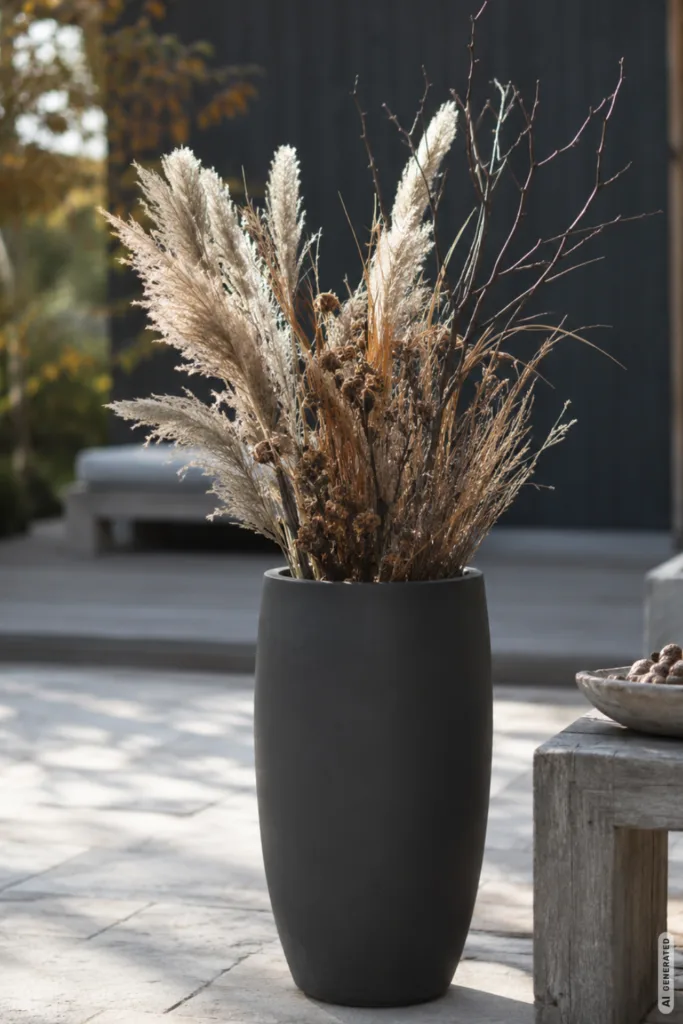 Moderne Herbstdeko für den Garten mit getrockneten Gräsern und Zweigen im schwarzen Pflanztopf.