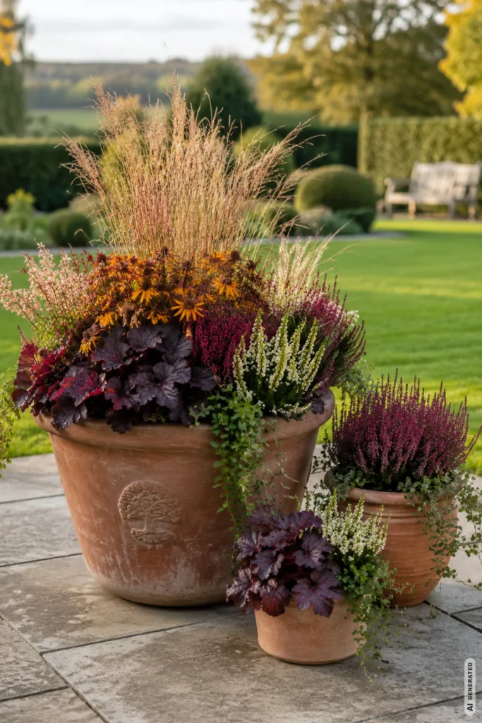 Mit diesen 5 Deko-Ideen wirkt dein großer Garten herbstlich, aber nicht überladen Herbstdeko für einen großen Garten mit großen Terrakottatöpfen, Ziergräsern und Heide auf der Terrasse.