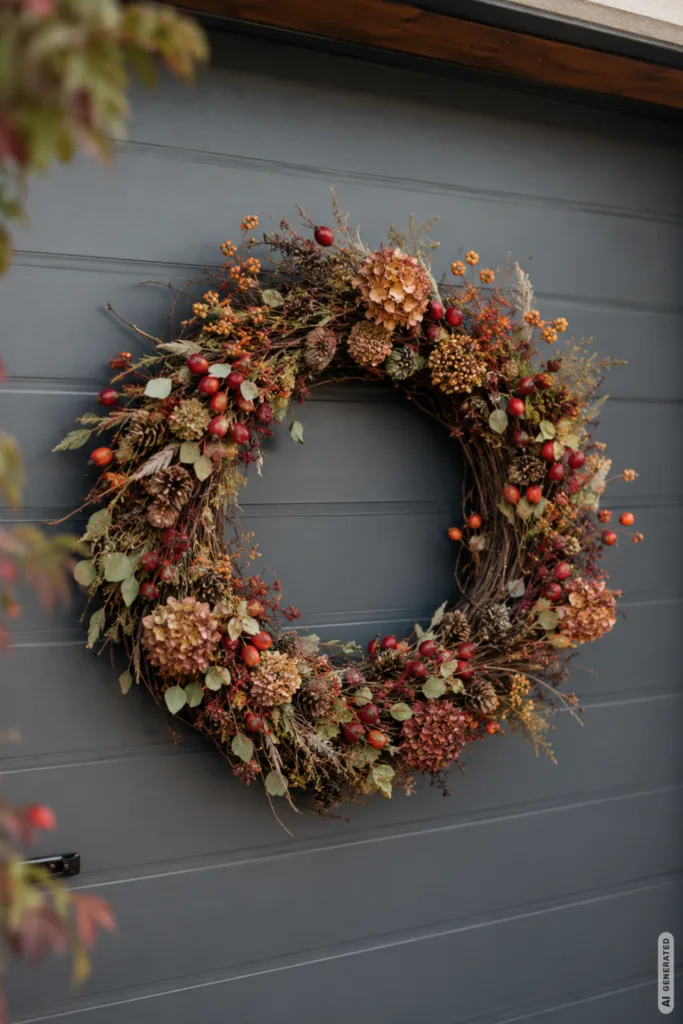 Herbstdeko fürs Garagentor mit großem herbstlichem Kranz aus Zweigen, Hagebutten und getrockneten Blüten.