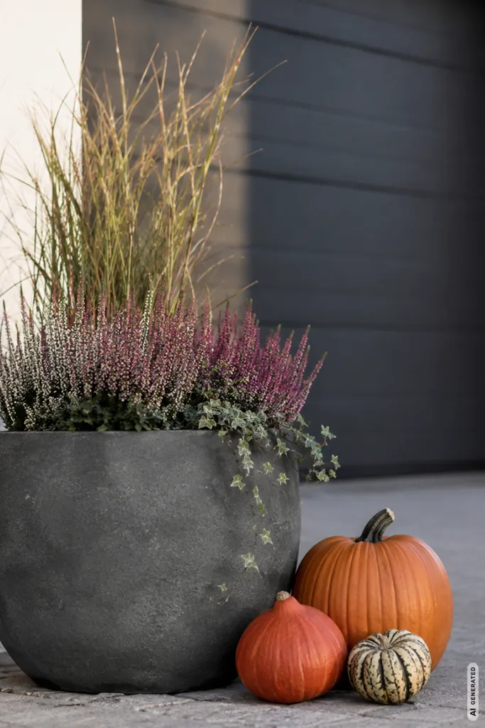 Herbstdeko fürs Garagentor mit großem Pflanzkübel, Heide und Kürbissen neben einer modernen Garage.