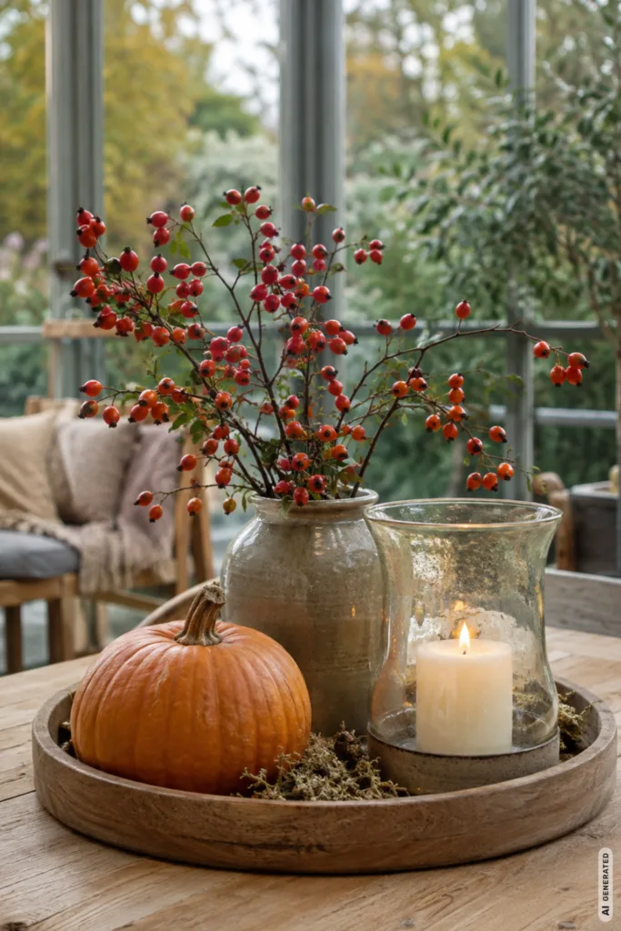 Herbstdeko für den Wintergarten mit Kürbis, Hagebutten und Kerze auf einem Holztisch.