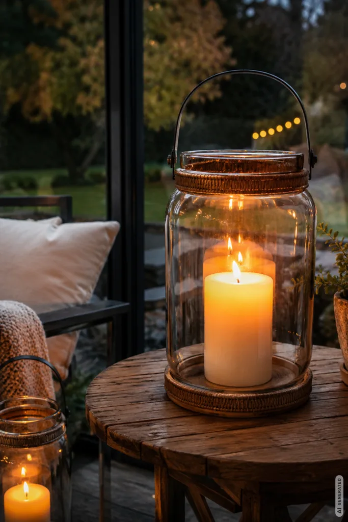 Herbstdeko im Wintergarten mit großer Glaslaterne, Kerzenlicht und gemütlicher Abendstimmung.