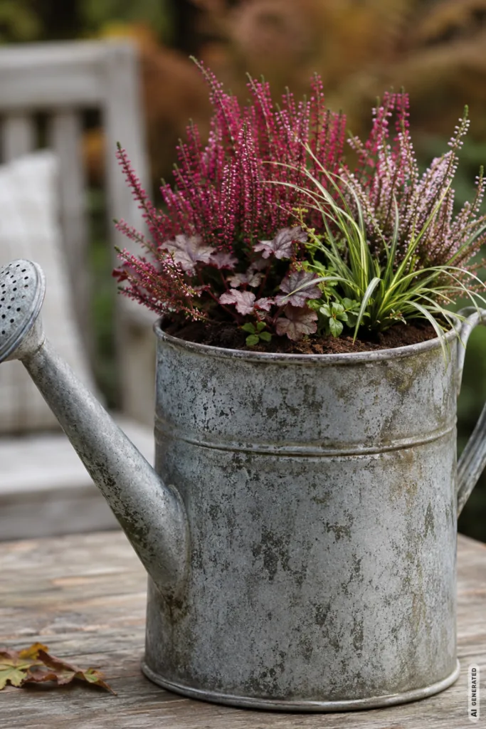 Herbstdeko im Garten mit alter Gießkanne, bepflanzt mit Heide und herbstlichen Gräsern.