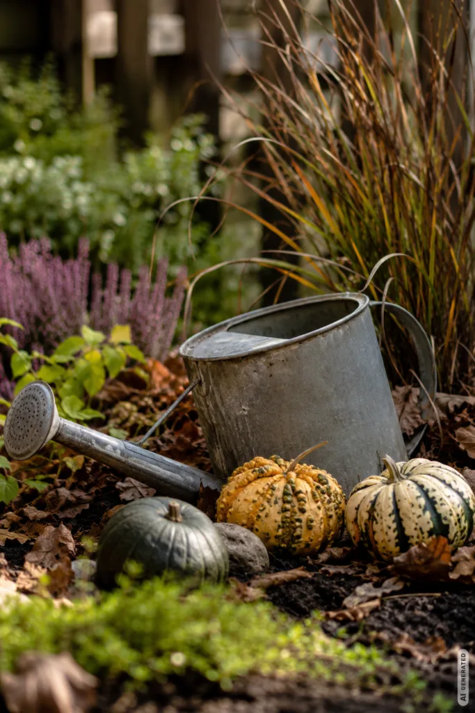 Herbstdeko im Garten mit alter Gießkanne, Kürbissen und herbstlichen Pflanzen im Beet.