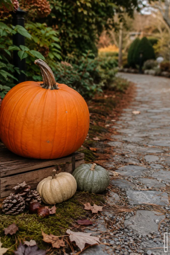 Herbstdeko für Gartenwege mit großen Kürbissen neben einem Natursteinweg im weichen Herbstlicht.