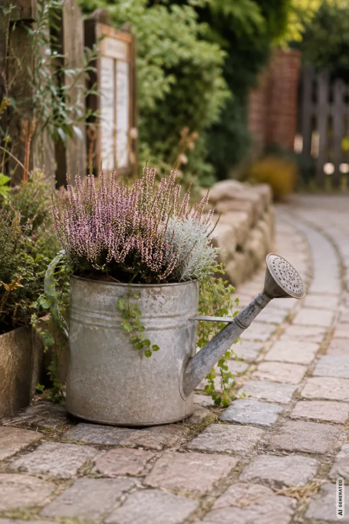 Herbstdeko im Garten mit alter Gießkanne am Gartenweg, bepflanzt mit Heide und herbstlichen Pflanzen.