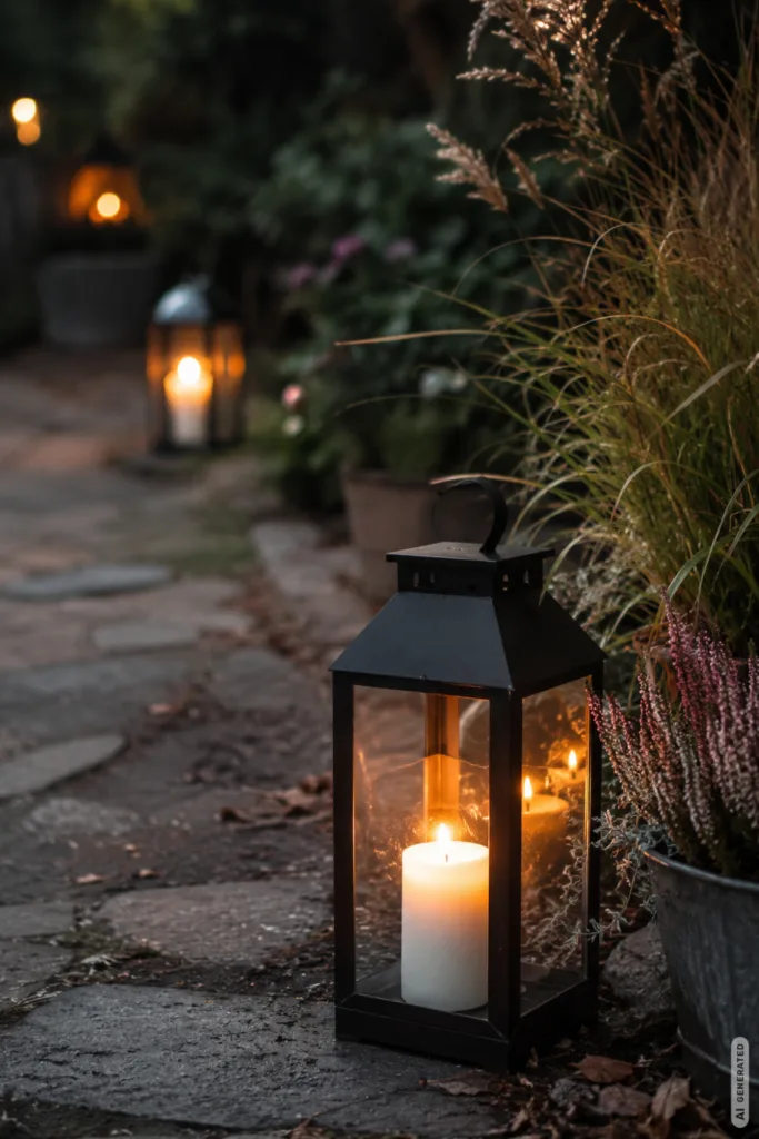 Herbstdeko für Gartenwege mit schwarzer Laterne, warmem Kerzenlicht, Heide und Ziergräsern.