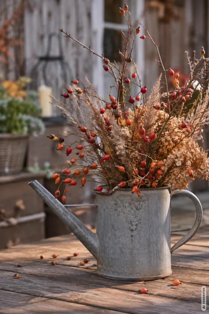 Herbstdeko im Garten mit alter Gießkanne, Hagebutten, Zweigen und trockenen Gräsern.