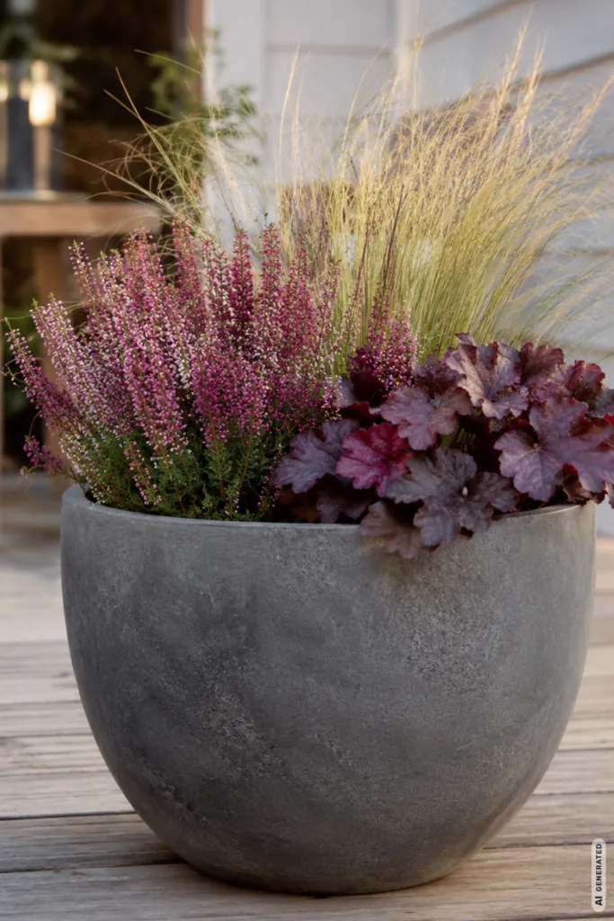 Herbstdeko für die Terrasse mit Pflanzkübel, Heide, Ziergras und Purpurglöckchen.