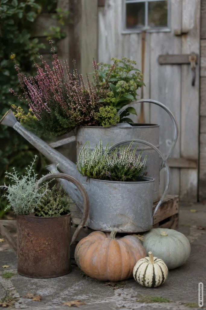 Herbstdeko im Garten mit alten Gießkannen, Heide und Kürbissen vor einem rustikalen Gartenschuppen.