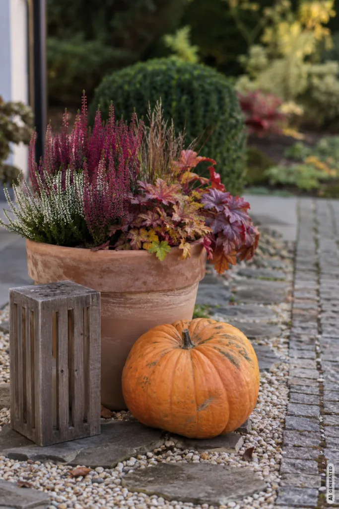 Herbstdeko für Gartenwege mit Terrakottatopf, Kürbis und kleiner Herbstinsel aus Kies.