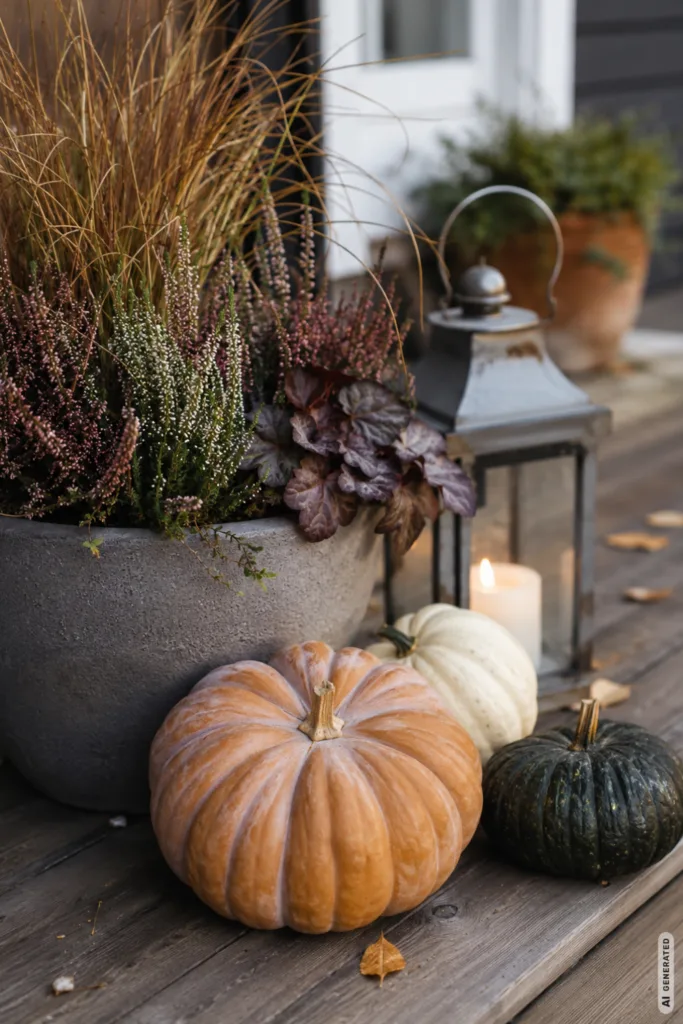 Herbstdeko für die Terrasse mit Kürbissen, Pflanzkübel und Laterne auf Holzdielen.