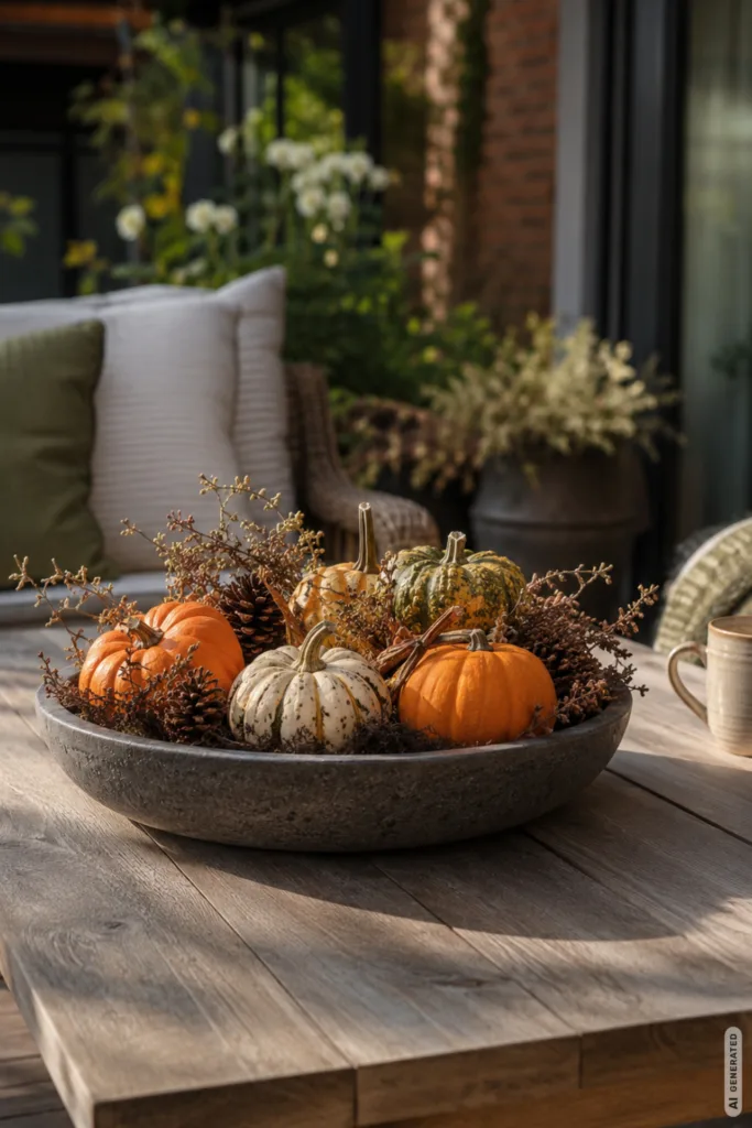 Herbstdeko für die Terrasse mit dekoriertem Terrassentisch, Schale mit Kürbissen, Zapfen und Zweigen im Tageslicht.