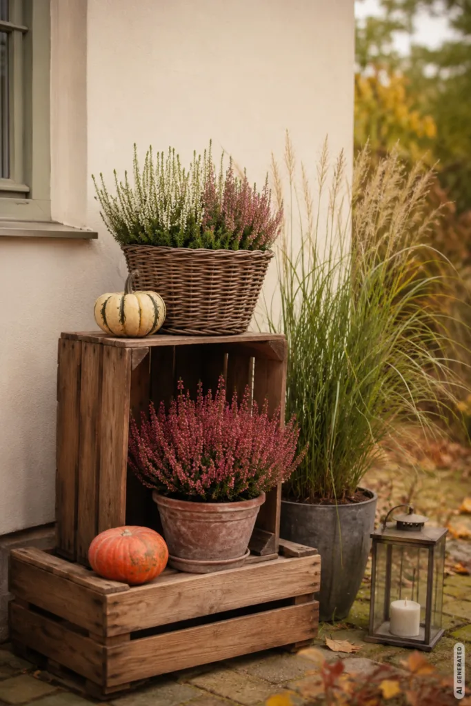 Herbstdeko mit Holz für den Garten aus Holzkisten, Heide, Kürbissen und Ziergras.