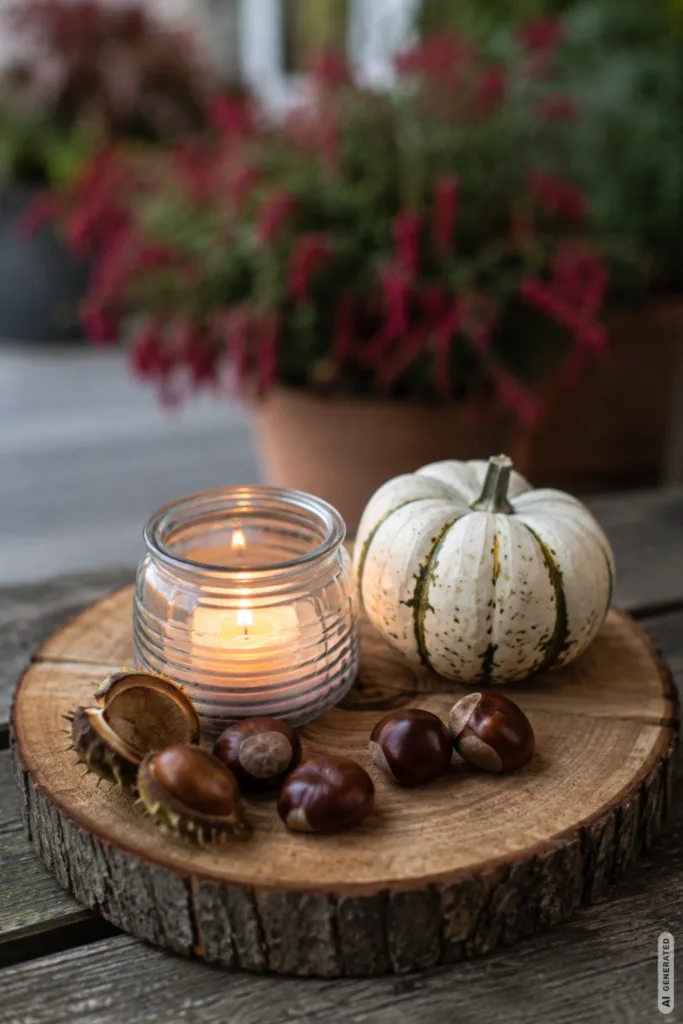Herbstdeko mit Holz für den Garten mit Holzscheibe, Kürbis, Kastanien und Windlicht auf einem Gartentisch.