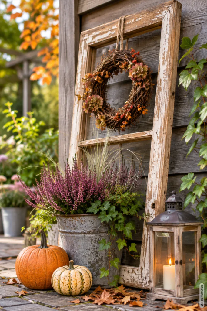 Herbstdeko mit Holz für den Garten mit altem Holzrahmen, Heide, Kürbissen und Laterne.