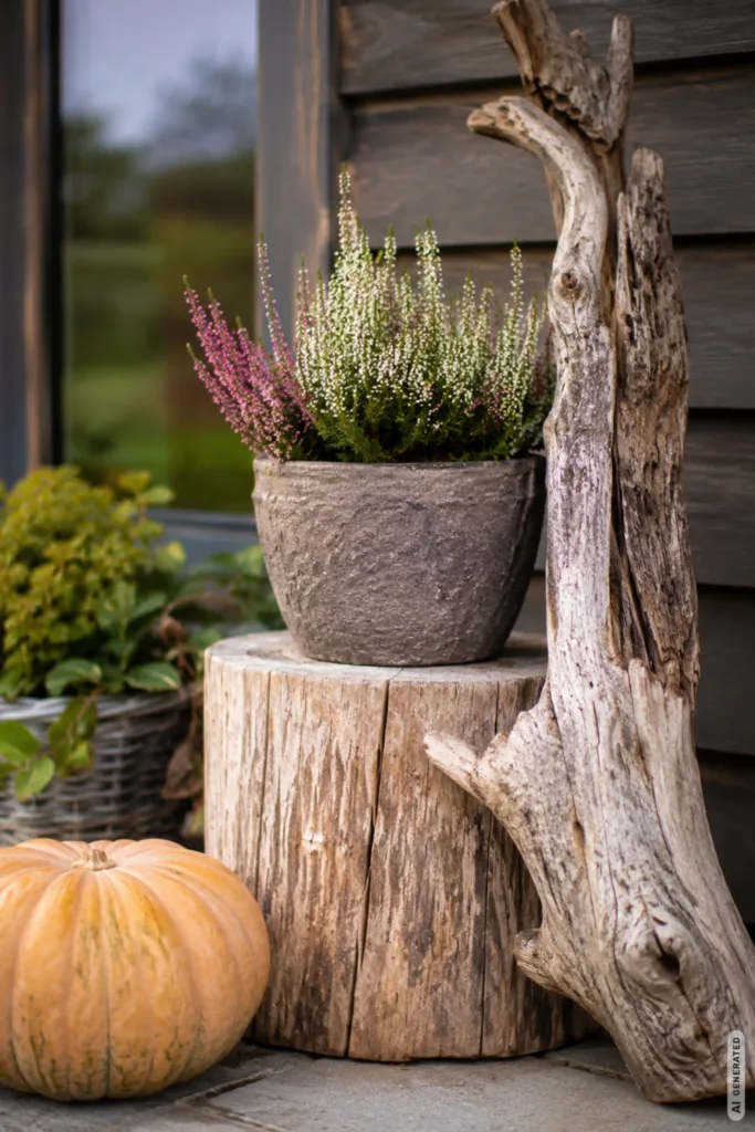 Herbstdeko mit Holz für den Garten mit Baumstamm, Ästen, Heide und Kürbis.